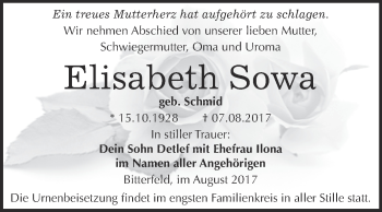 Traueranzeige von Elisabeth Sowa von WVG - Wochenspiegel Bitterfeld