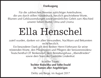 Traueranzeige von Ella Henschel von WVG - Wochenspiegel Merseburg