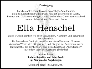 Traueranzeige von Ella Henschel von Mitteldeutsche Zeitung Merseburg/Querfurt
