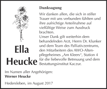 Traueranzeige von Ella Heucke von WVG - Wochenspiegel Quedlinburg