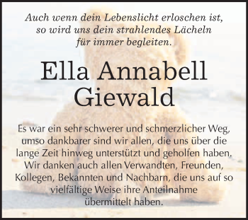 Traueranzeige von Ella Annabell Giewald von WVG - Wochenspiegel Merseburg