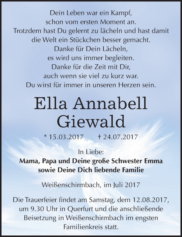  Traueranzeige für Ella Annabell Giewald vom 04.08.2017 aus Mitteldeutsche Zeitung Merseburg/Querfurt