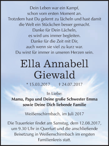 Traueranzeige von Ella Annabell Giewald von WVG - Wochenspiegel Merseburg