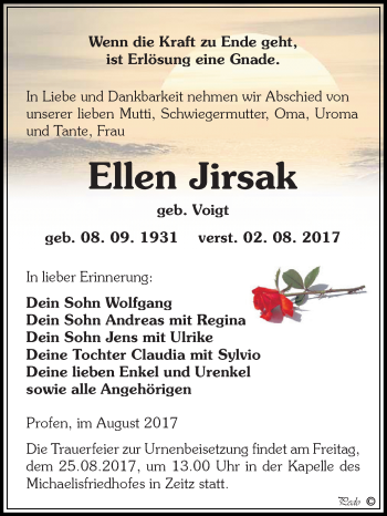 Traueranzeige von Ellen Jirsak von Super Sonntag Zeitz