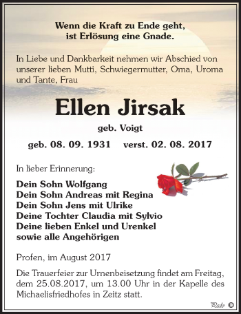 Traueranzeige von Ellen Jirsak von Mitteldeutsche Zeitung Zeitz