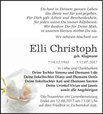 Traueranzeige von Elli Christoph von WVG - Wochenspiegel Bitterfeld