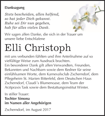 Traueranzeige von Elli Christoph von WVG - Wochenspiegel Bitterfeld