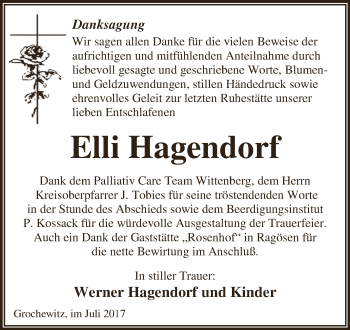 Traueranzeige von Elli Hagendorf von WVG - Wochenspiegel Dessau / Köthen
