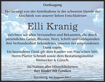 Traueranzeige von Elli Kranig von Super Sonntag Bernburg