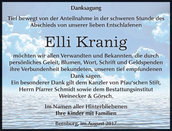 Traueranzeige von Elli Kranig von Mitteldeutsche Zeitung Bernburg