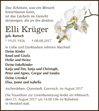 Traueranzeige von Elli Krüger von Wochenspiegel Mansfelder Land