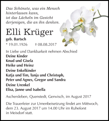 Traueranzeige von Elli Krüger von Super Sonntag Aschersleben