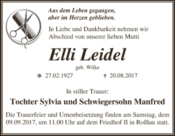 Traueranzeige von Elli Leidel von WVG - Wochenspiegel Dessau / Köthen