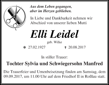 Traueranzeige von Elli Leidel von WVG - Wochenspiegel Dessau / Köthen