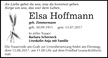 Traueranzeige von Elsa Hoffmann von Mitteldeutsche Zeitung Merseburg/Querfurt