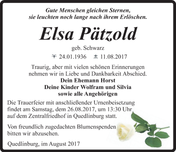 Traueranzeige von Elsa Pätzold von Mitteldeutsche Zeitung Quedlinburg
