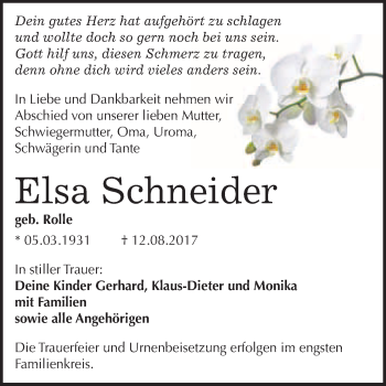 Traueranzeige von Elsa Schneider von WVG - Wochenspiegel Bitterfeld