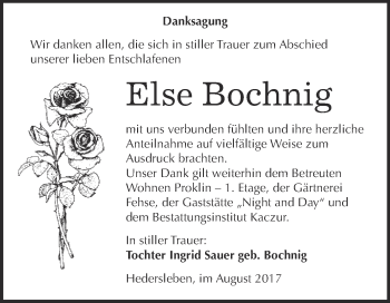 Traueranzeige von Else Bochnig von WVG - Wochenspiegel Quedlinburg