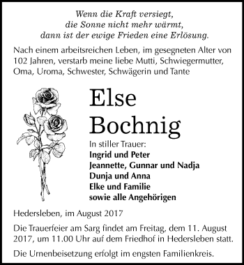 Traueranzeige von Else Bochnig von Mitteldeutsche Zeitung Quedlinburg