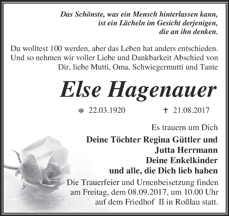  Traueranzeige für Else Hagenauer vom 26.08.2017 aus WVG - Wochenspiegel Dessau / Köthen