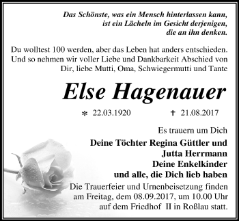 Traueranzeige von Else Hagenauer von Mitteldeutsche Zeitung Dessau-Roßlau