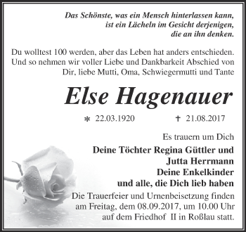 Traueranzeige von Else Hagenauer von WVG - Wochenspiegel Dessau / Köthen