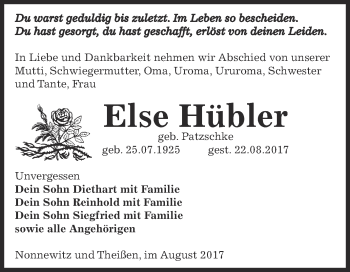 Traueranzeige von Else Hübler von Super Sonntag Zeitz