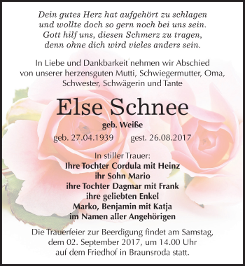 Traueranzeige von Else Schnee von Mitteldeutsche Zeitung Naumburg/Nebra