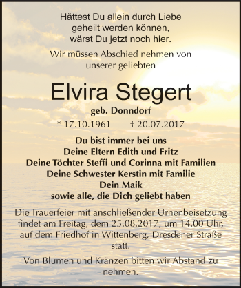 Traueranzeige von Elvira Stegert von Mitteldeutsche Zeitung Wittenberg