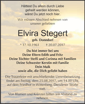 Traueranzeige von Elvira Stegert von Super Sonntag Wittenberg
