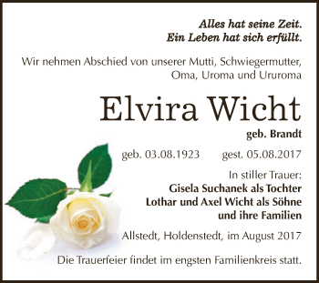 Traueranzeige von Elvira Wicht von Super Sonntag SGH Mansf. Land