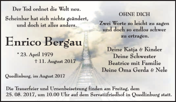 Traueranzeige von Enrico Bergau von WVG - Wochenspiegel Quedlinburg