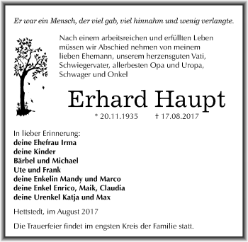 Traueranzeige von Erhard Haupt von Mitteldeutsche Zeitung Mansfelder Land