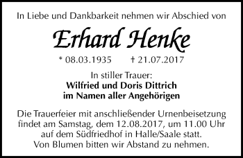 Traueranzeige von Erhard Henke von Mitteldeutsche Zeitung Halle/Saalkreis