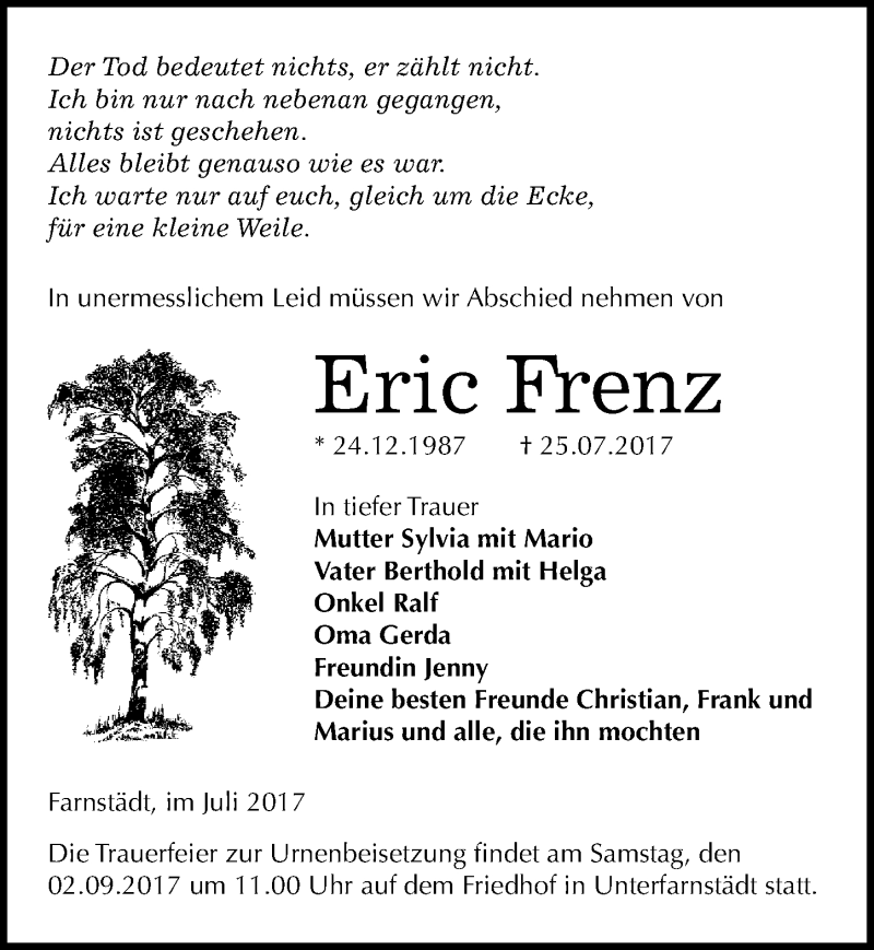 Traueranzeige für Eric Frenz vom 22.08.2017 aus Mitteldeutsche Zeitung Merseburg/Querfurt