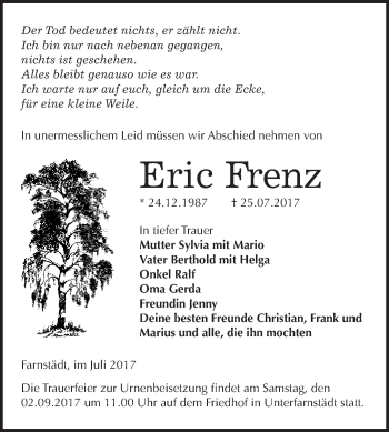 Traueranzeige von Eric Frenz von WVG - Wochenspiegel Merseburg