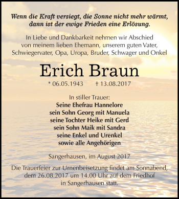 Traueranzeige von Erich Braun von WVG - Wochenspiegel SGH