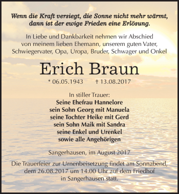 Traueranzeige von Erich Braun von Mitteldeutsche Zeitung Sangerhausen