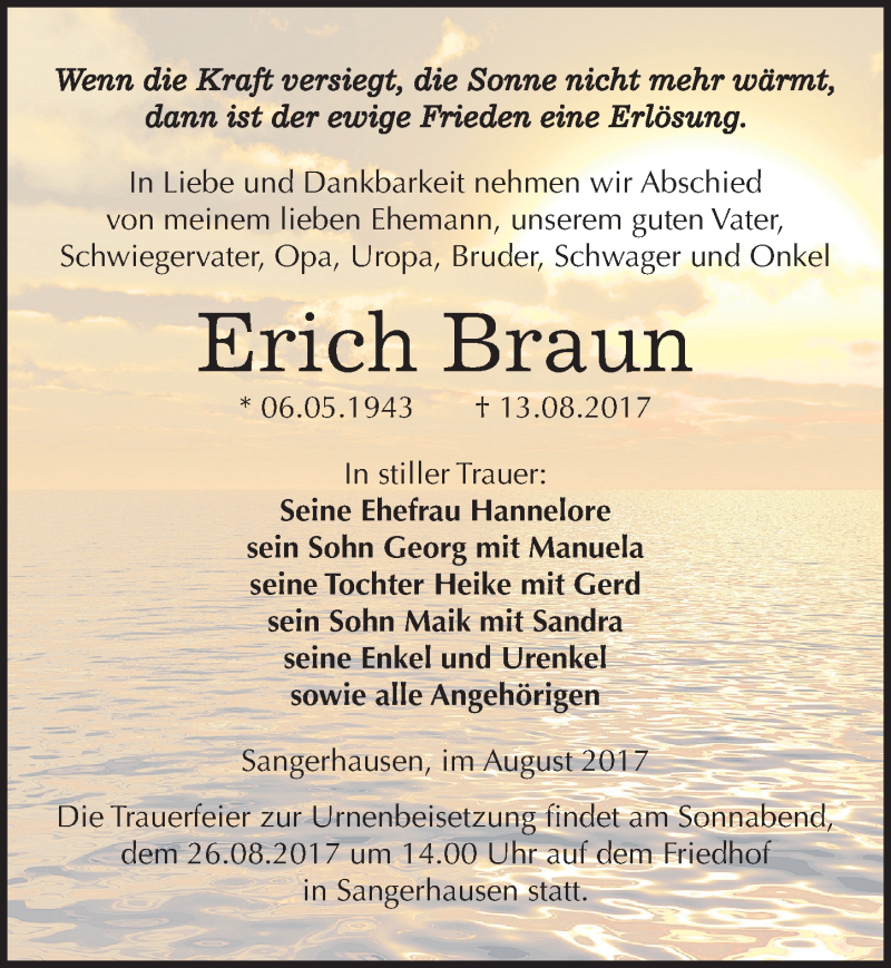  Traueranzeige für Erich Braun vom 19.08.2017 aus Mitteldeutsche Zeitung Sangerhausen
