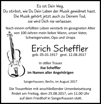 Traueranzeige von Erich Scheffler von Mitteldeutsche Zeitung Sangerhausen