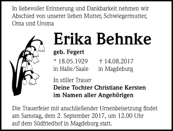 Traueranzeige von Erika Behnke von Mitteldeutsche Zeitung Halle/Saalkreis