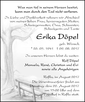 Traueranzeige von Erika Döpel von Mitteldeutsche Zeitung Sangerhausen