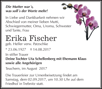 Traueranzeige von Erika Fischer von Mitteldeutsche Zeitung Weißenfels