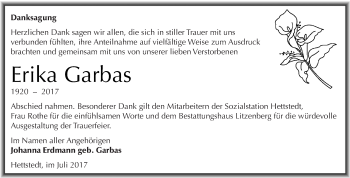 Traueranzeige von Erika Garbas von Wochenspiegel Mansfelder Land