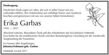Traueranzeige von Erika Garbas von Mitteldeutsche Zeitung Mansfelder Land