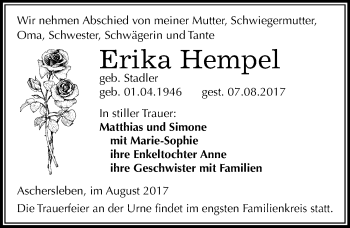 Traueranzeige von Erika Hempel von Mitteldeutsche Zeitung Aschersleben