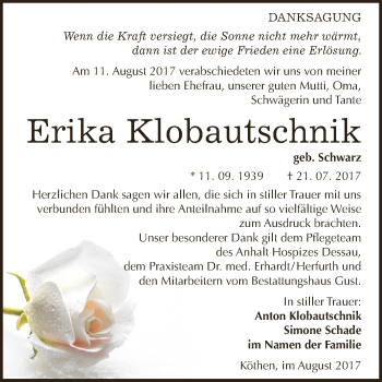 Traueranzeige von Erika Klobautschnik von WVG - Wochenspiegel Dessau / Köthen