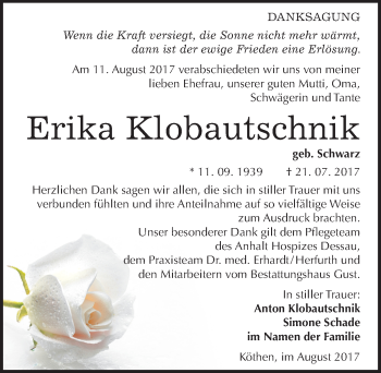 Traueranzeige von Erika Klobautschnik von Mitteldeutsche Zeitung Köthen