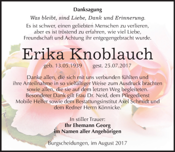 Traueranzeige von Erika Knoblauch von Mitteldeutsche Zeitung Naumburg/Nebra