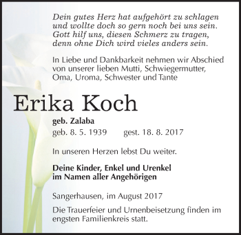 Traueranzeige von Erika Koch von Mitteldeutsche Zeitung Sangerhausen